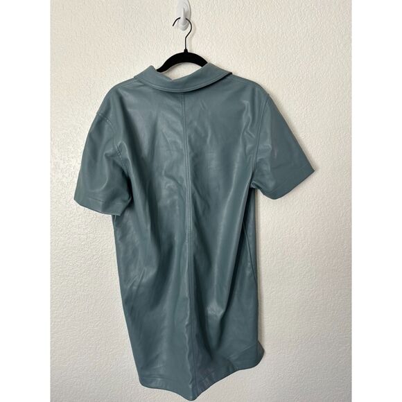 7 For All Mankind Shirt Dress Women Large Grey Blue Faux Leather Button Mini - Picture 4 of 7